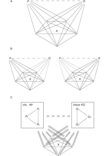 Schematic illustrations of a defective clique and how the concept evolved. (A) A defective clique in a protein interaction network. KP and KQ are both (k+1)-cliques, with k overlapping vertices (i.e. clique K). The dashed edge between proteins P and Q corresponds to a predicted interaction. KPQ is a defective clique with a missing edge PQ. (B) The decomposition of the defective clique (KPQ) into the union of two overlapping cliques (KP and KQ). (C) Generalized defective cliques. In general, a defective clique consists of two cliques: K ∪ KP and K ∪ KQ. There are two parameters to determine a defective clique: k, the size of the overlapping subclique (i.e. K); l, the size of the non-overlapping subcliques (i.e. KP ∪ KQ). In the defective clique K ∪ KP ∪ KQ, the dashed edges between subcliques KP and KQ correspond to predicted interactions.